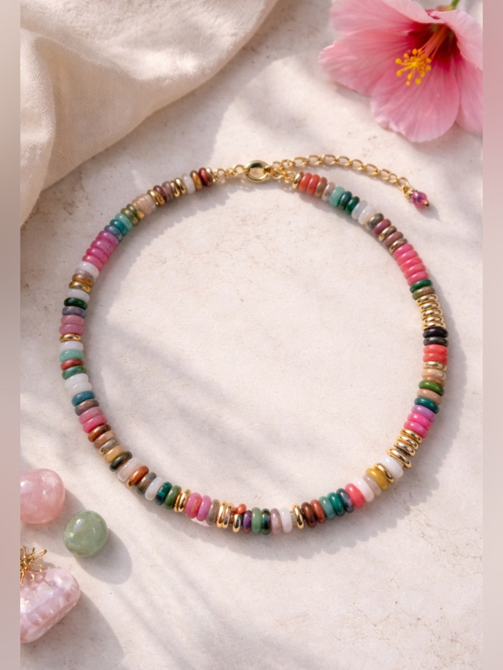 Kissyan Natural Gemstone Heishi Choker Necklace Colorful Boho NIB Gift